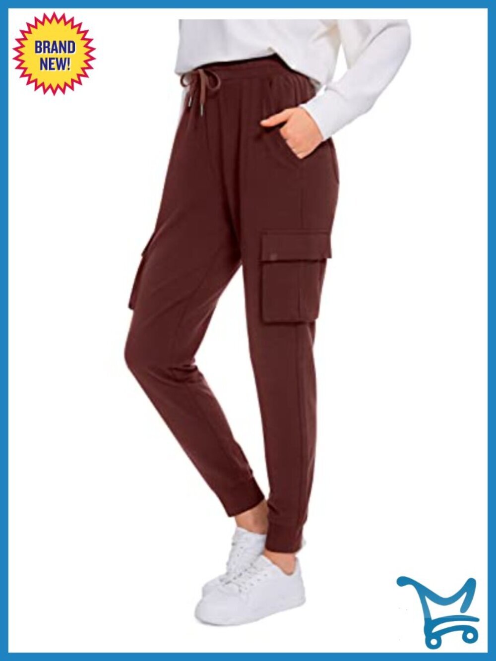 High Waisted Cotton Blend Cargo Joggers with 6 Pockets